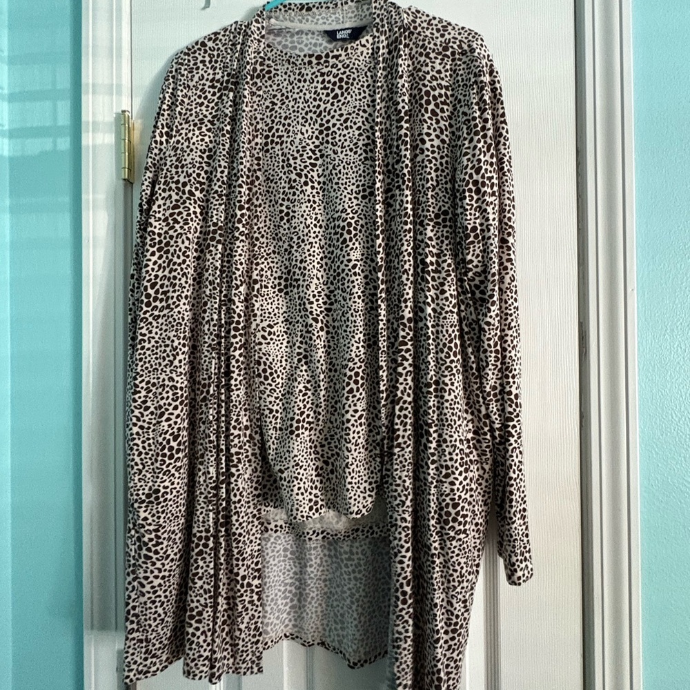 Leopard Print Open Front Cardigan cotton knit Sweater set - lands end lg